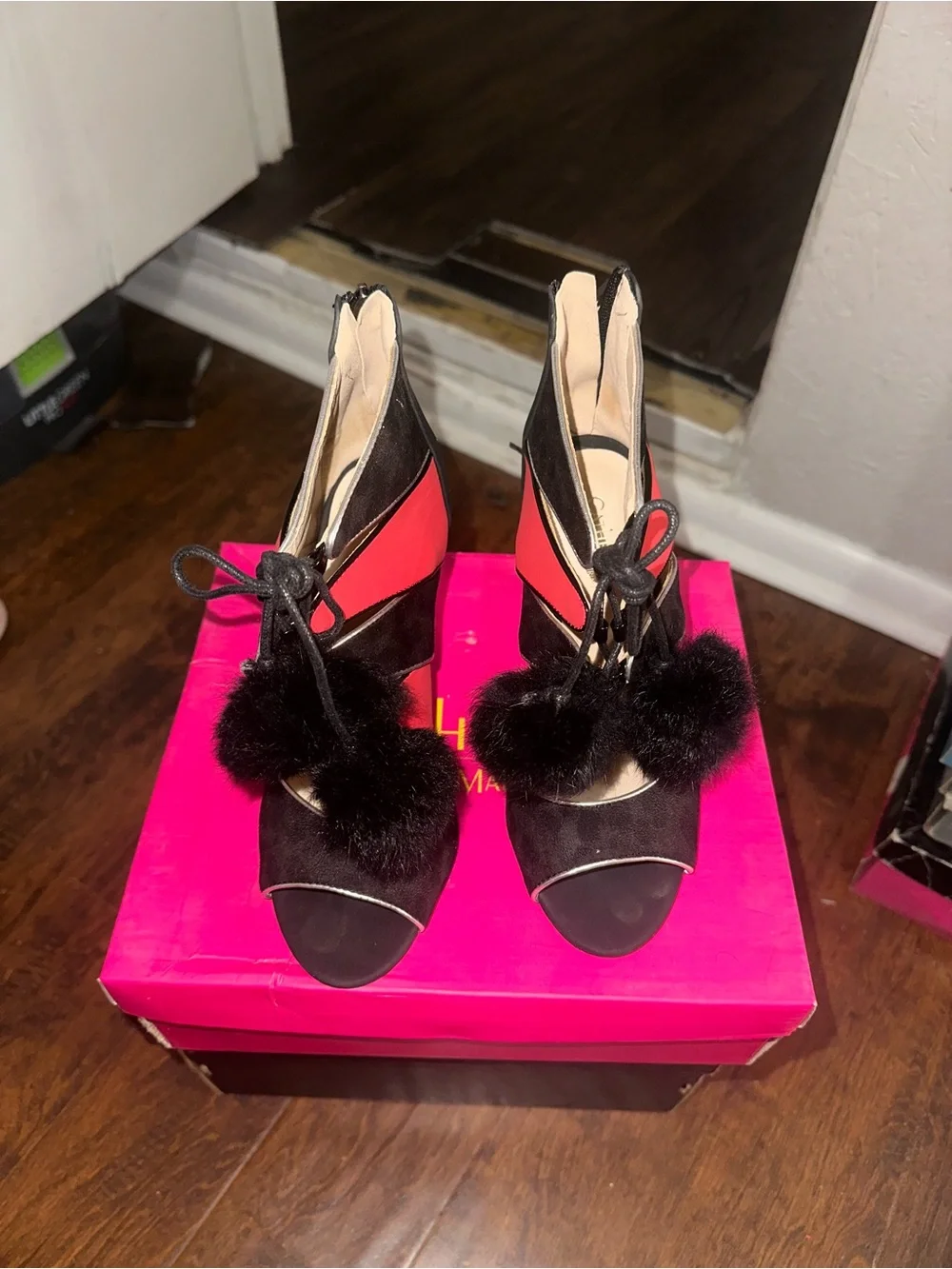 Catherine Women's Black and Red Pom-Pom Peep-Toe High Heels